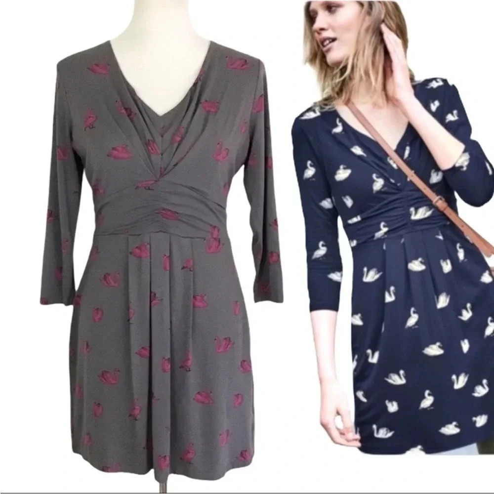 BODEN Marion Swans 3/4 Sleeve Vneck Stretchy Comfy Viscose Mini Dress
